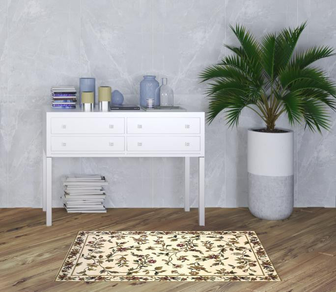 10'X13' Ivory Machine Woven Floral Vines Indoor Area Rug