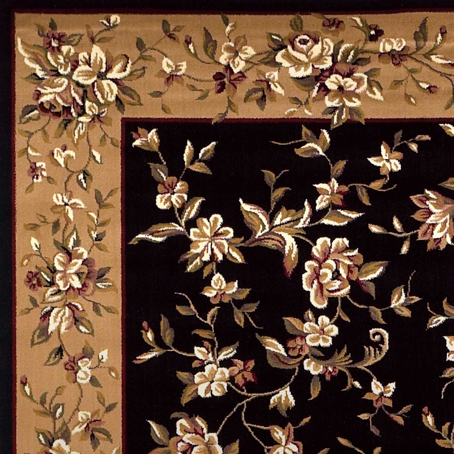 Black And Beige Octagon Floral Vines Area Rug