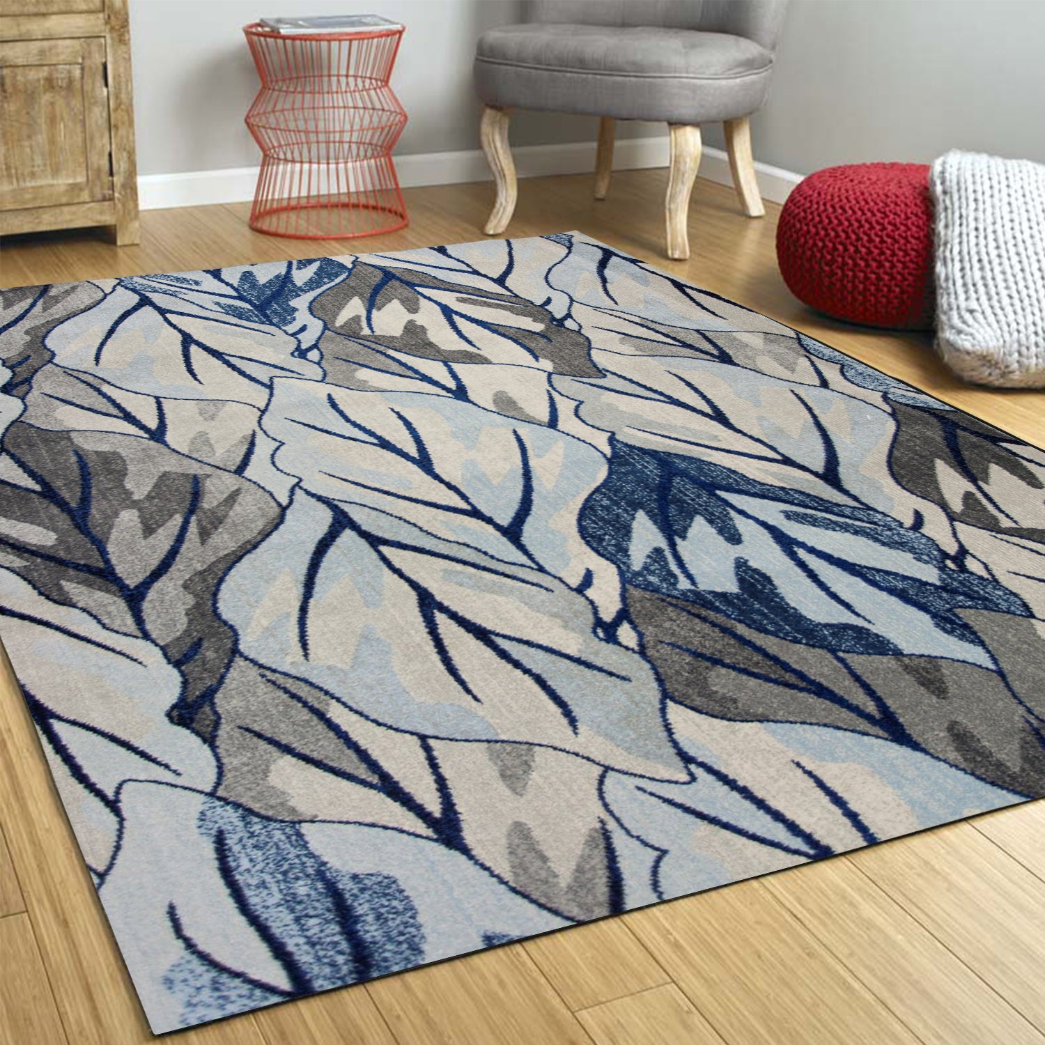 8'X11' Grey Navy Machine Woven Oversized Leaves Indoor Area Rug