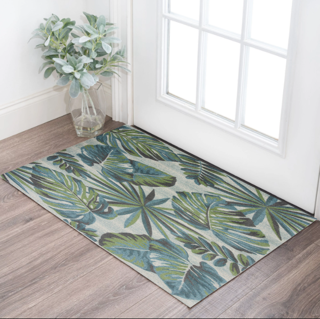 5' X 8' Teal Or Green Tropical Leaves Indoor Area Rug