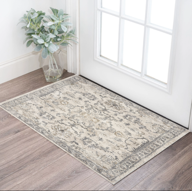 5'X8' Ivory Machine Woven Distressed Floral Traditional Indoor Runner Rug