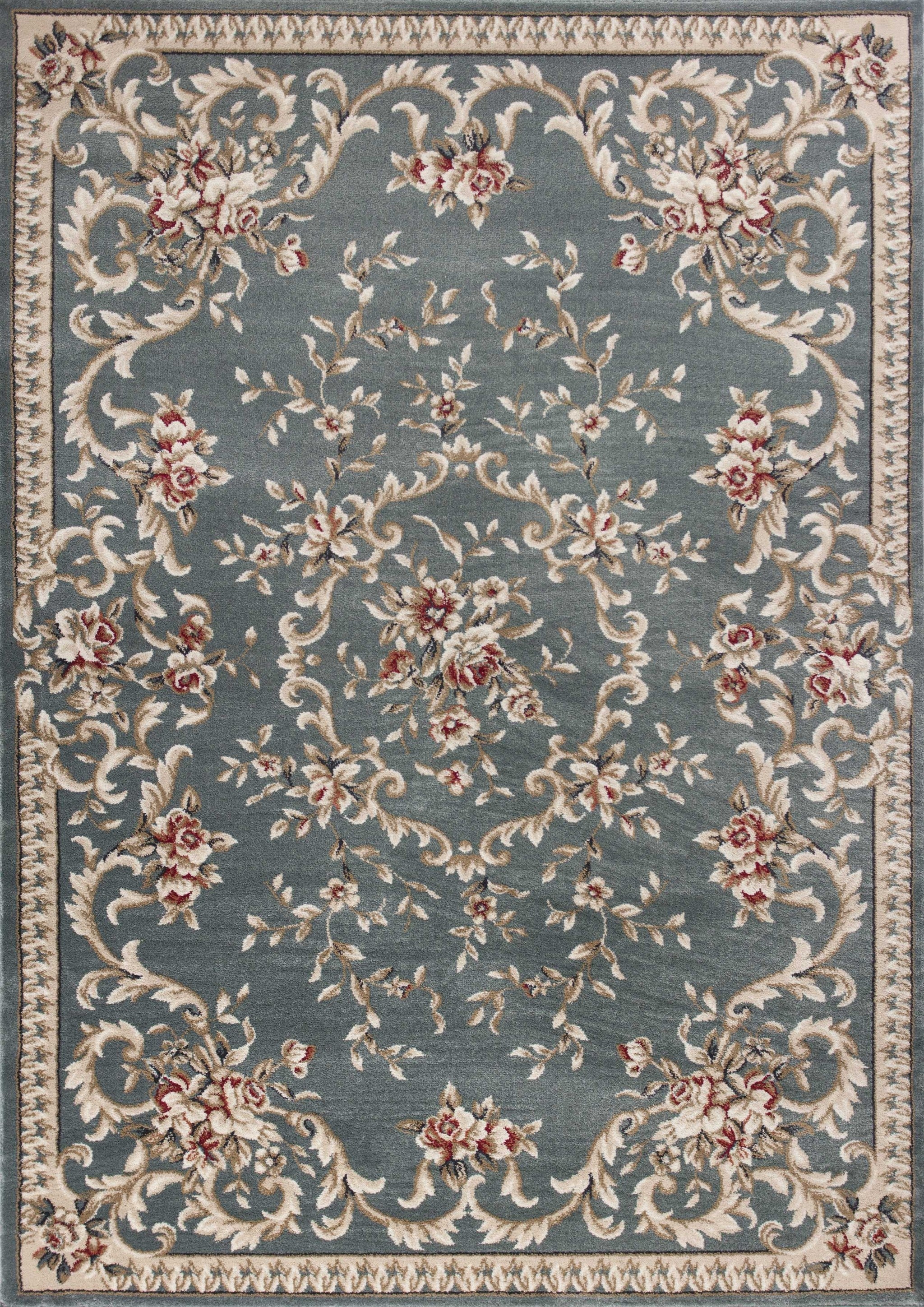 8' Slate Blue Bordered Floral Indoor Runner Rug