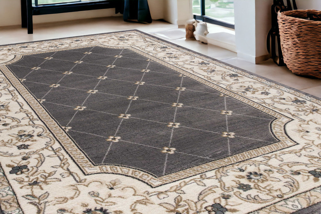 8' Grey Ivory Bordered Floral Indoor Runner Rug