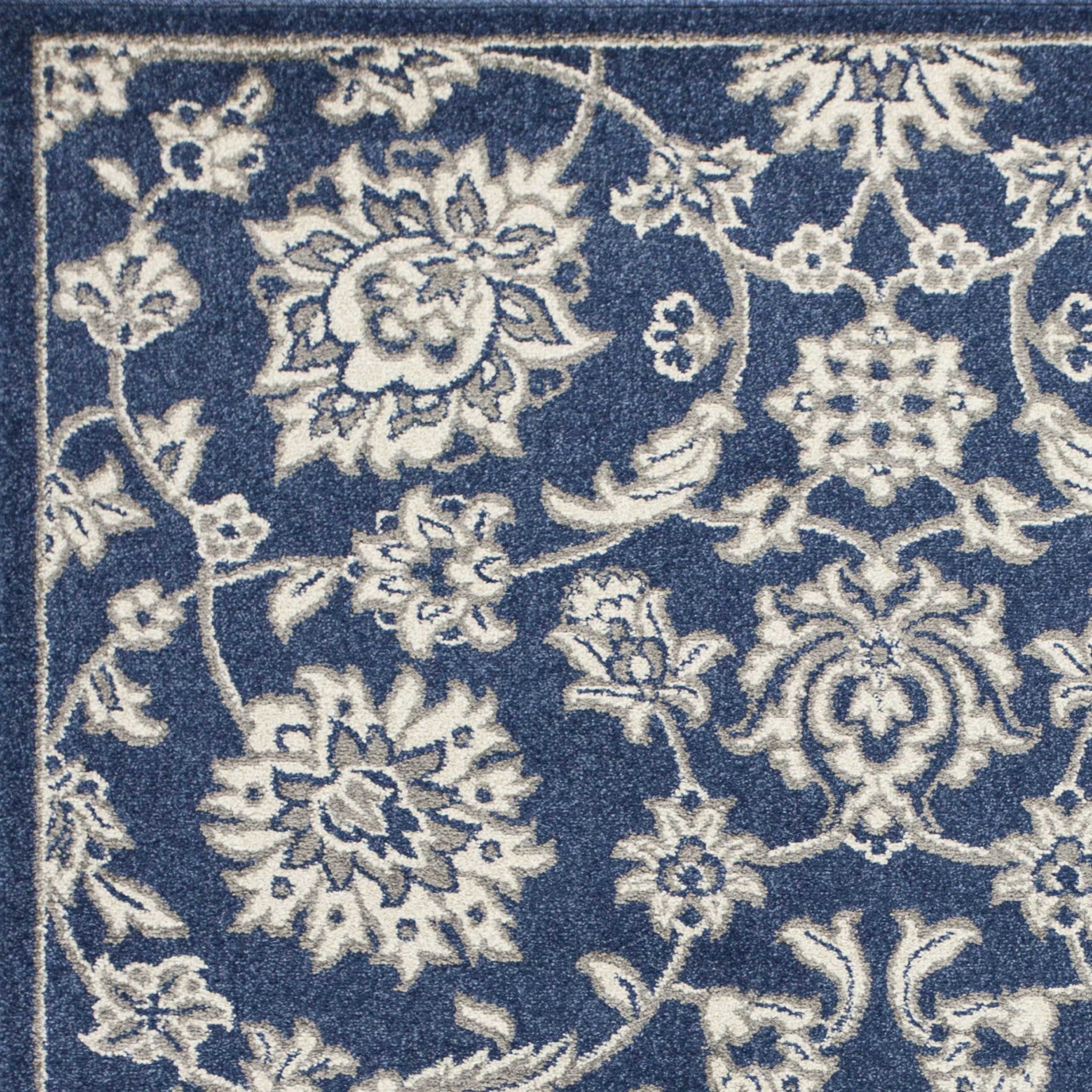 7' X 9' Denim Floral Vine Uv Treated Indoor Area Rug