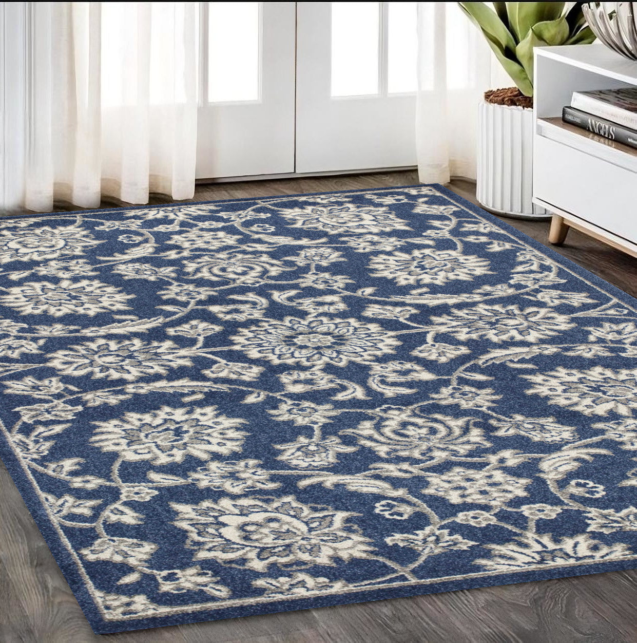 7' X 9' Denim Floral Vine Uv Treated Indoor Area Rug