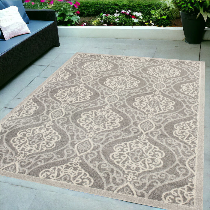 5'X8' Silver Machine Woven Uv Treated Floral Ogee Indoor Outdoor Area Rug