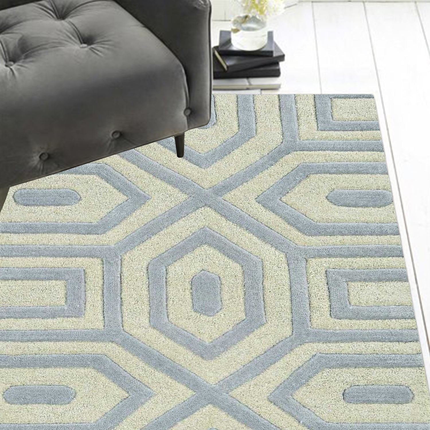 3'X5' Grey Hand Tufted Geometric Indoor Area Rug