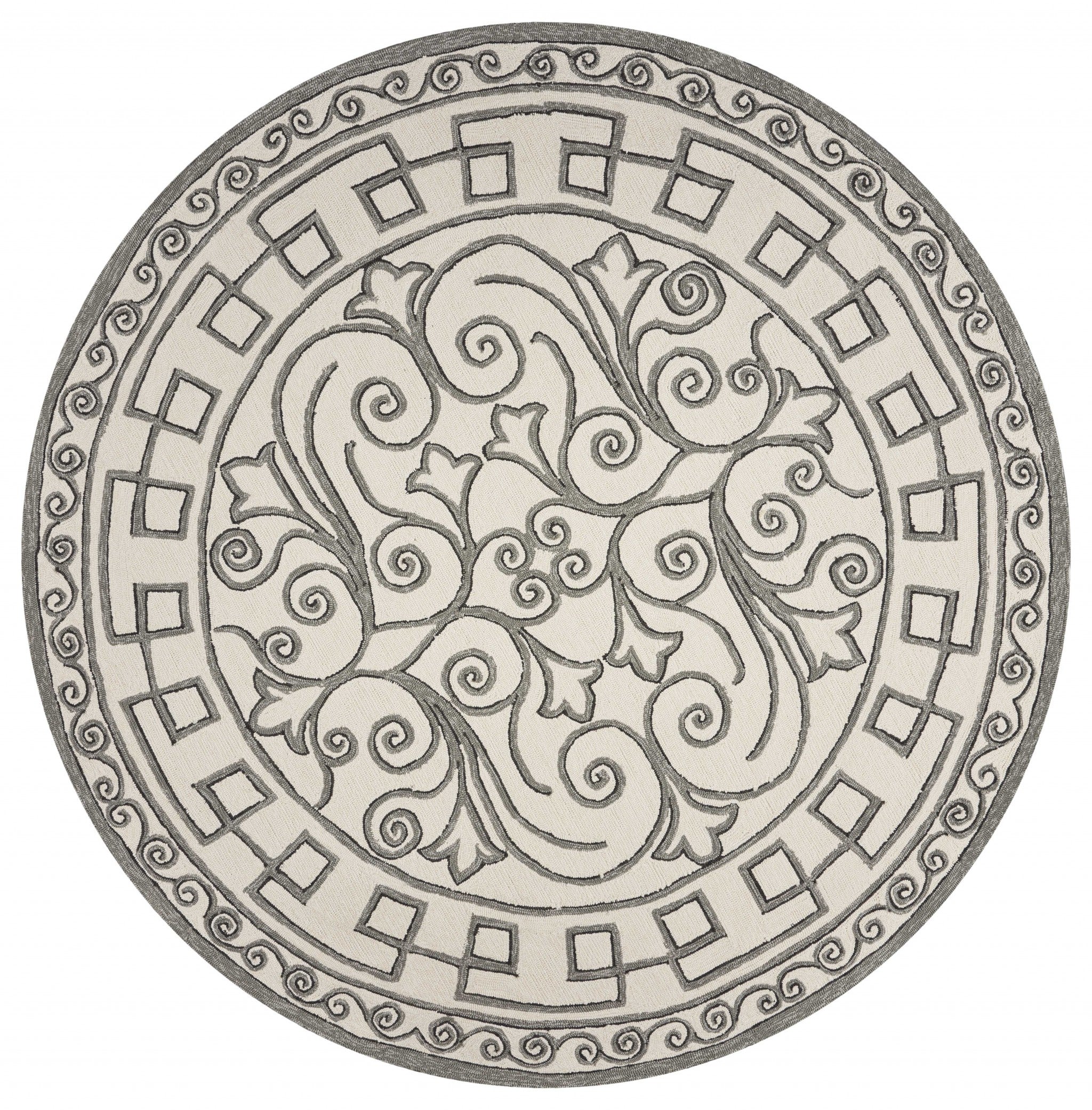 8' Ivory Grey Hand Woven Uv Treated Greek Key Medallion Round Indoor Outdoor Area Rug