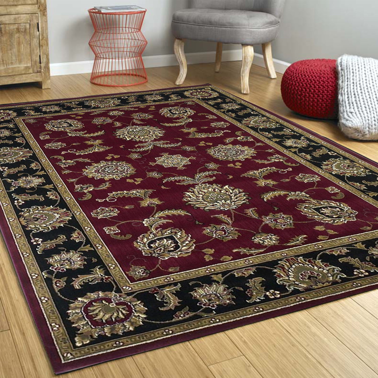 5'X8' Red Black Machine Woven Floral Traditional Indoor Area Rug