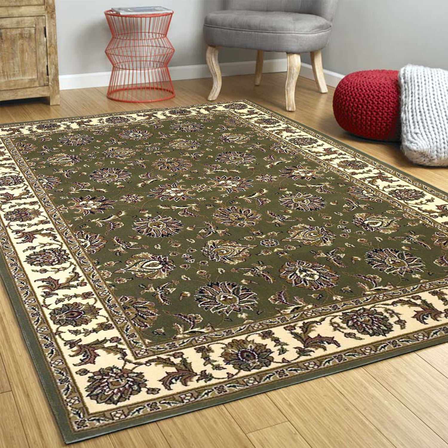 Green And Ivory Octagon Floral Vines Area Rug