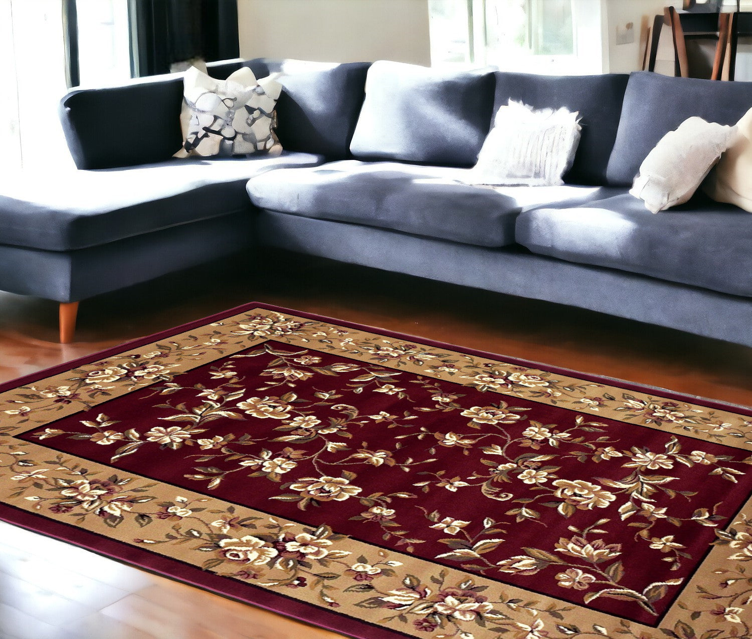 5' X 8' Red Or Beige Floral Bordered Area Rug