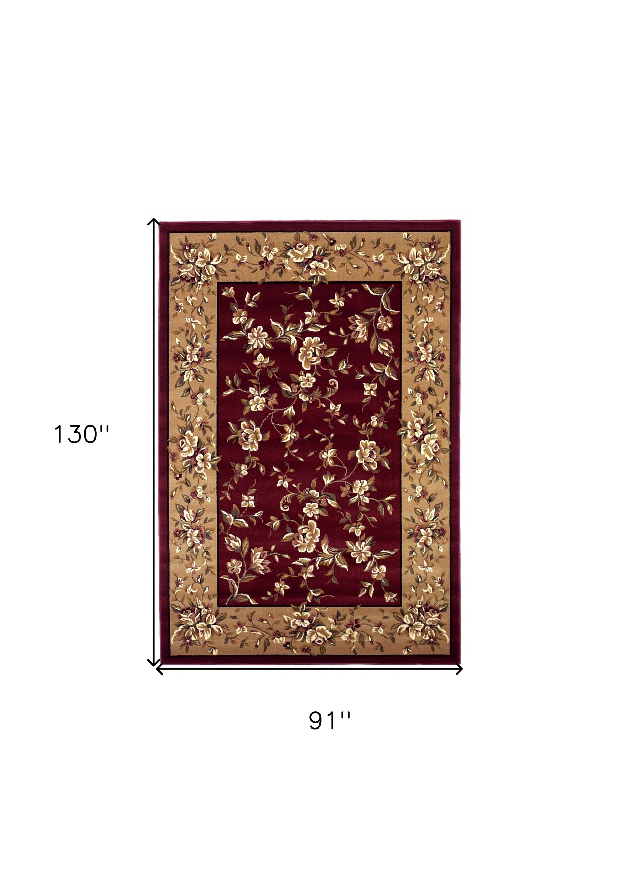 5' X 8' Red Or Beige Floral Bordered Area Rug