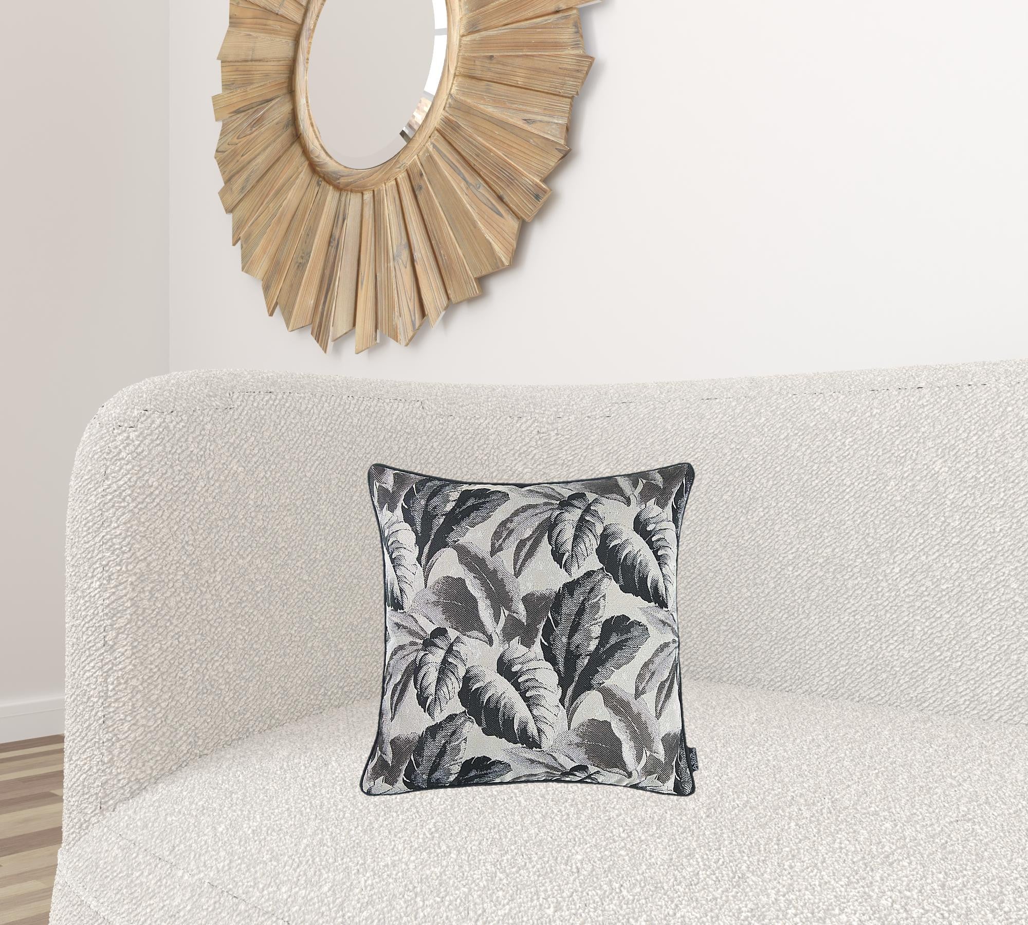 Gray Jacquard Tropical Leaf Decorative Throw Pillow Cover