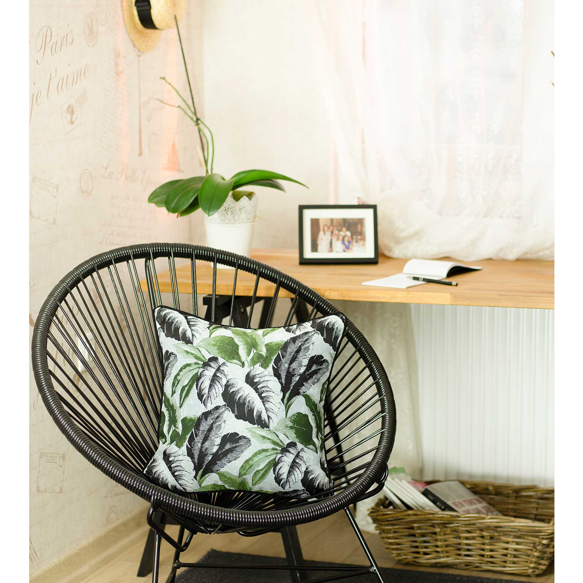 Black White And Green Tropical Leaf Throw Pillow Cover