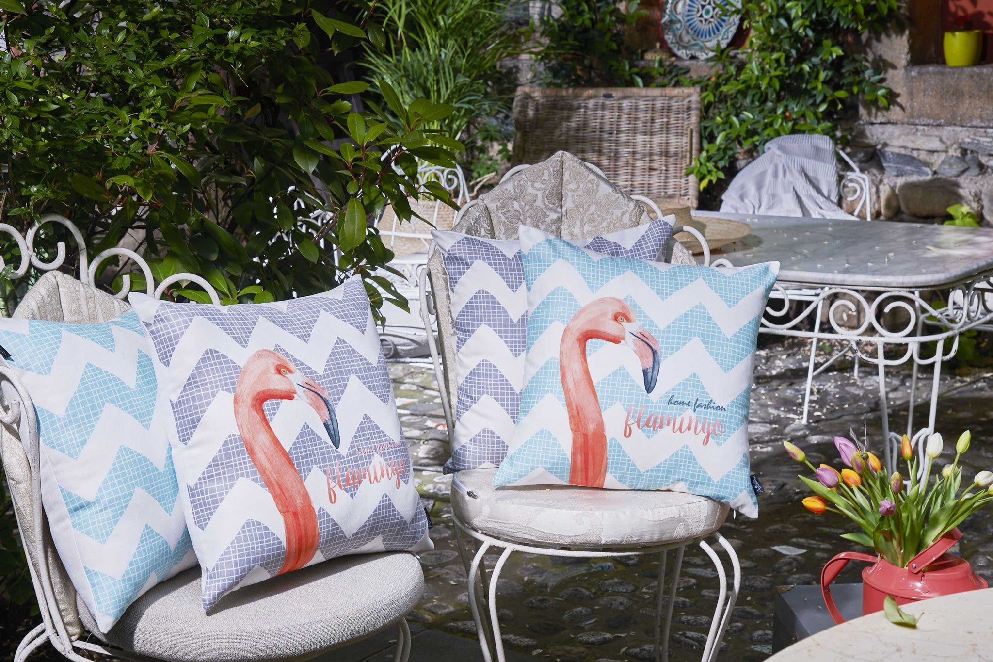 Flamingo And Gray Chevron Decorative Throw Pillow Cover.