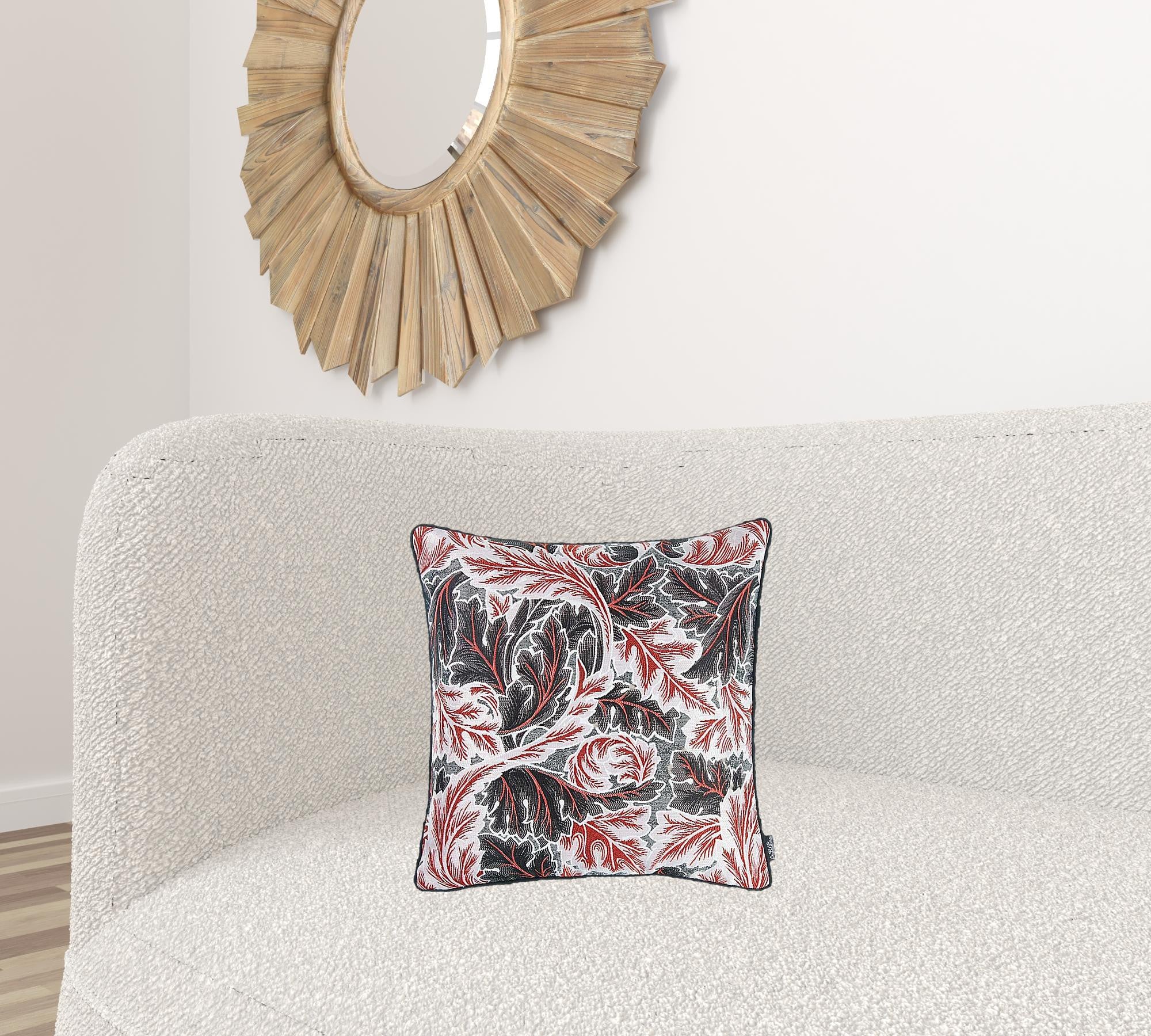 Black Red And White Jacquard Leaf Decorative Throw Pillow Cover