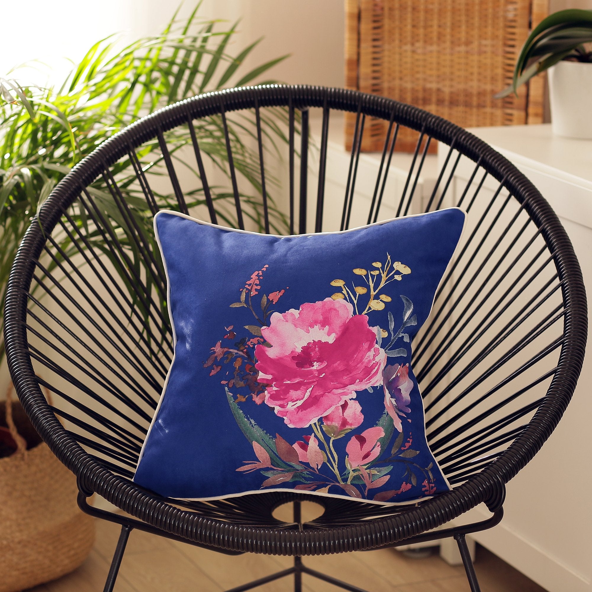 18" Blue Watercolor Wild Flower Decorative Throw Pillow Cover