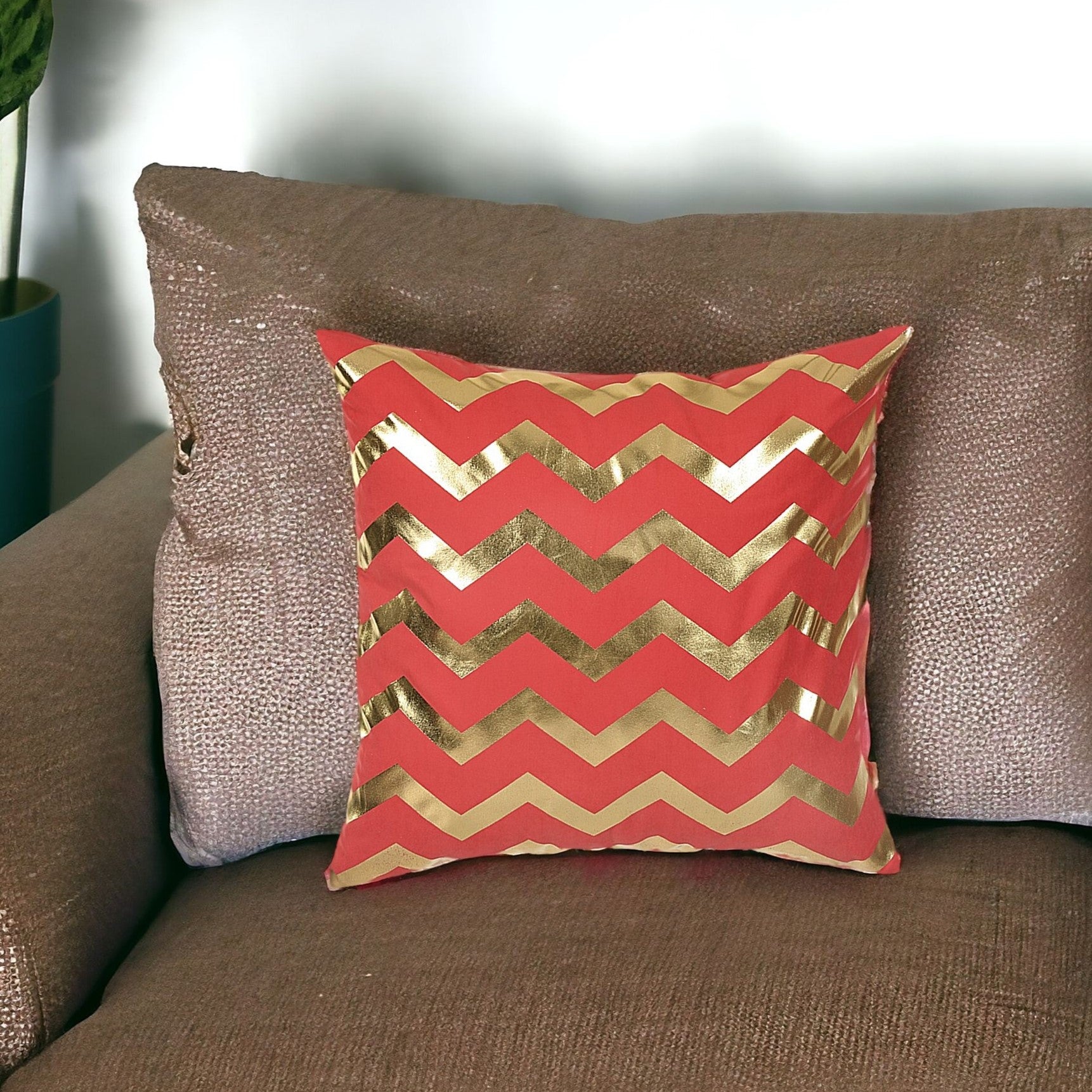 Gold And Red Chevron Decorative Throw Pillow Cover