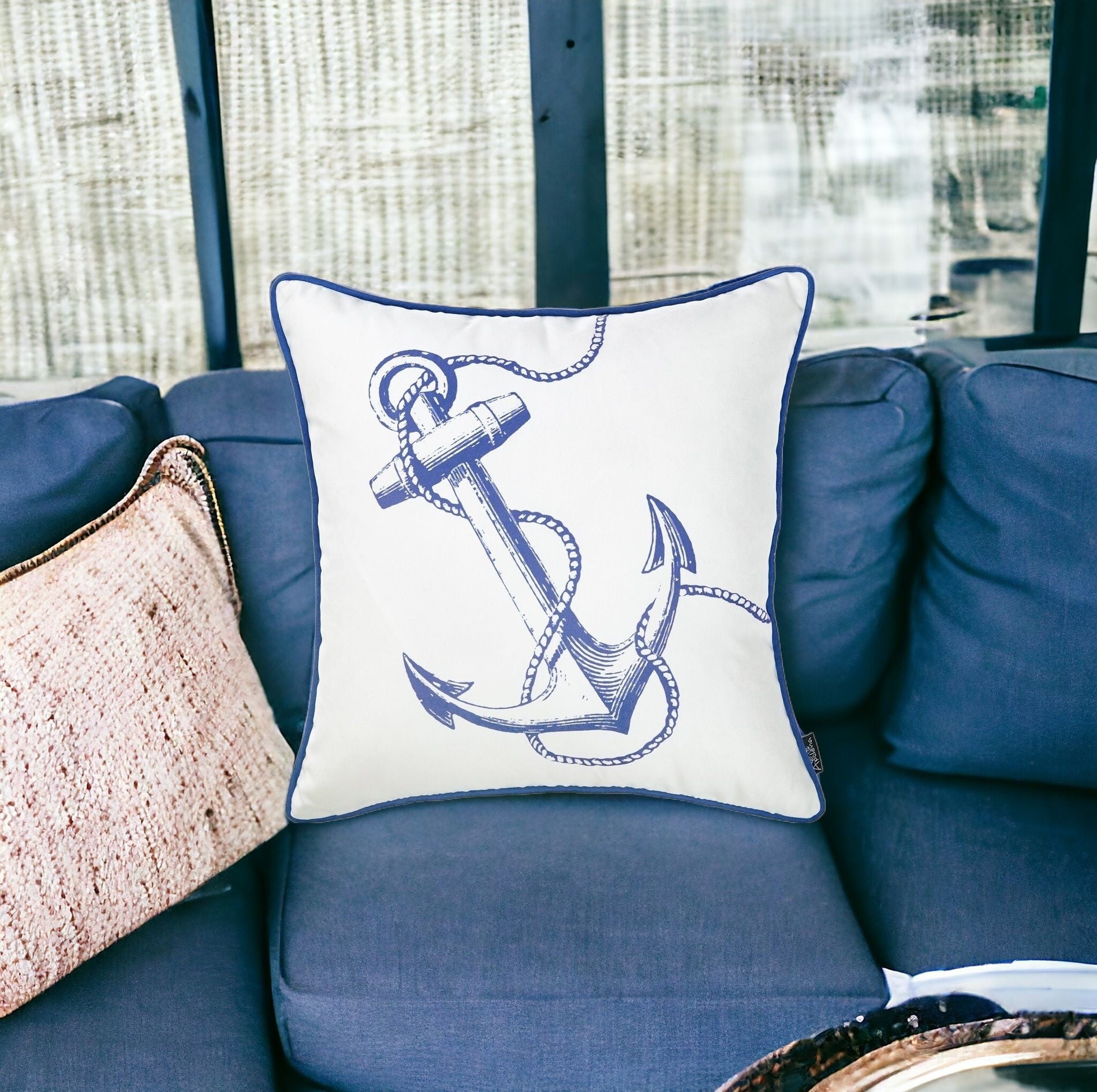 18" Blue And White Nautical Anchor Decorative Throw Pillow Cover