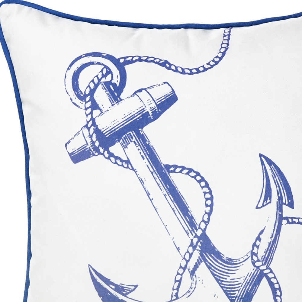 18" Blue And White Nautical Anchor Decorative Throw Pillow Cover