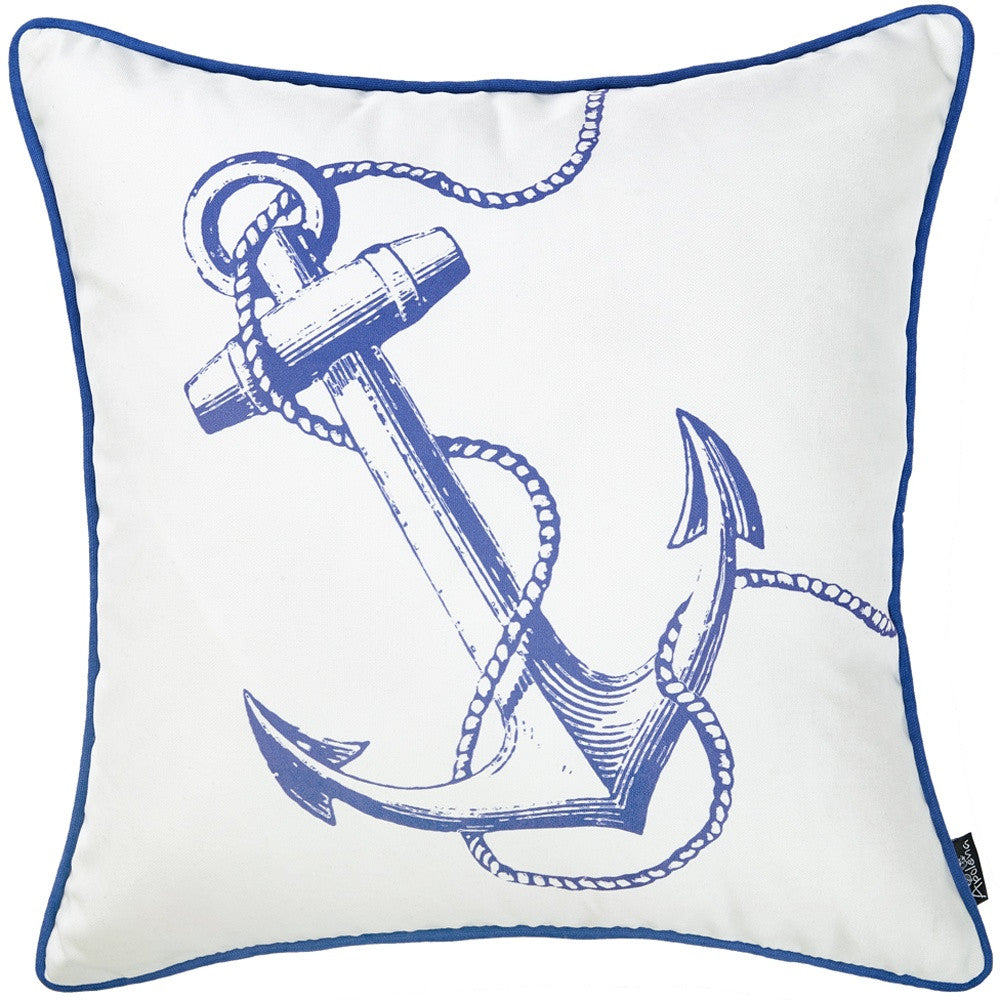 18" Blue And White Nautical Anchor Decorative Throw Pillow Cover