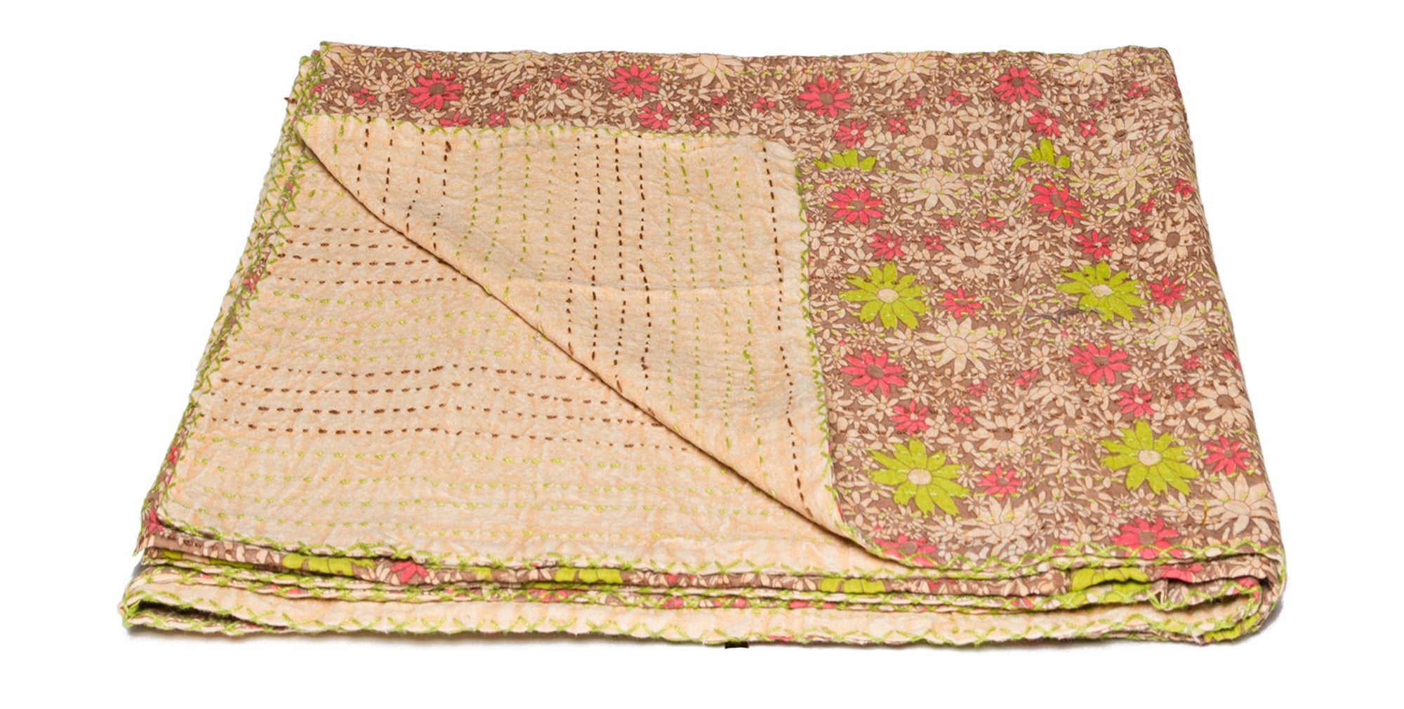 50" X 70" Maroon Yellow and Green Kantha Cotton Floral Throw Blanket with Embroidery