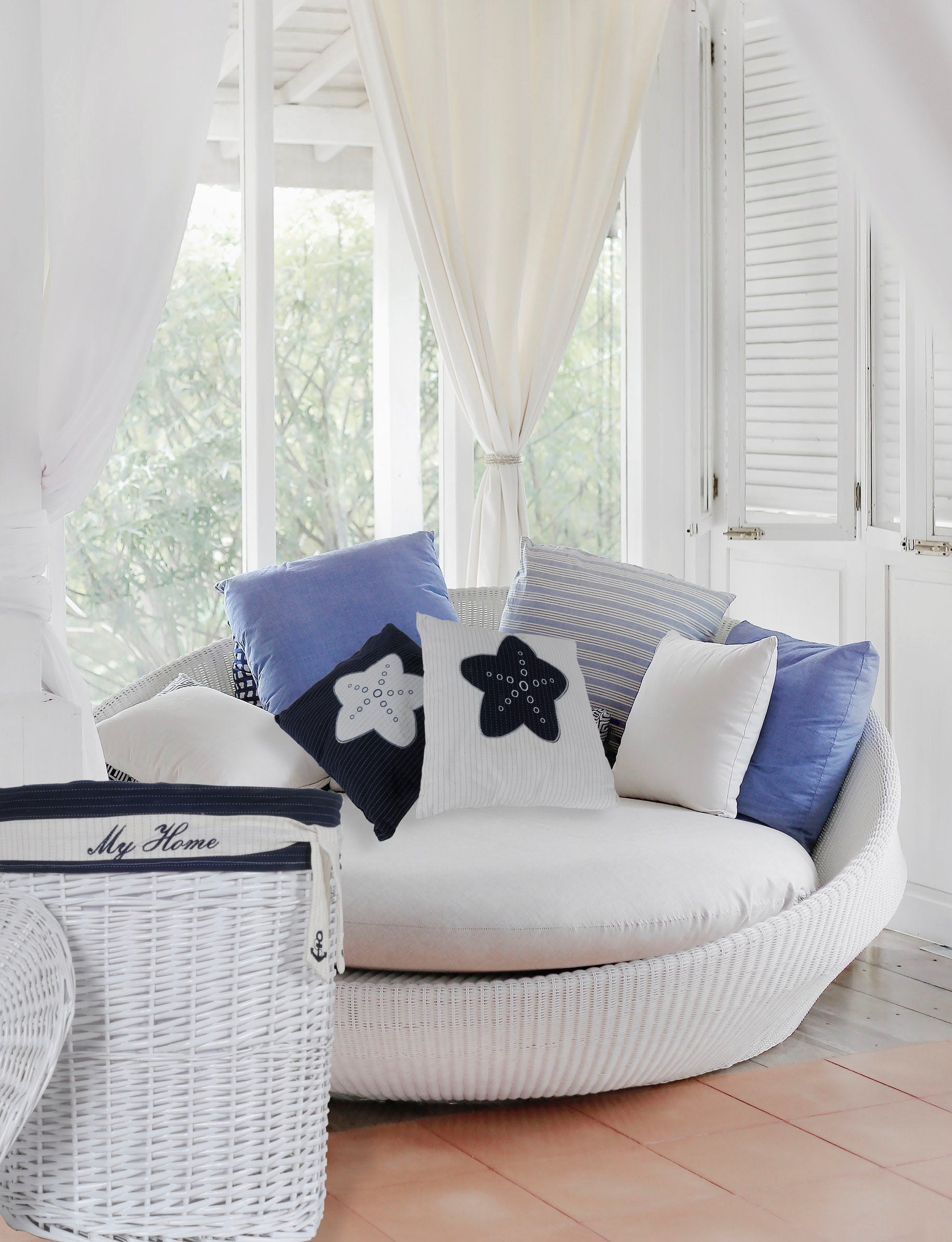 Nautical Blue Star White Square Accent Pillow