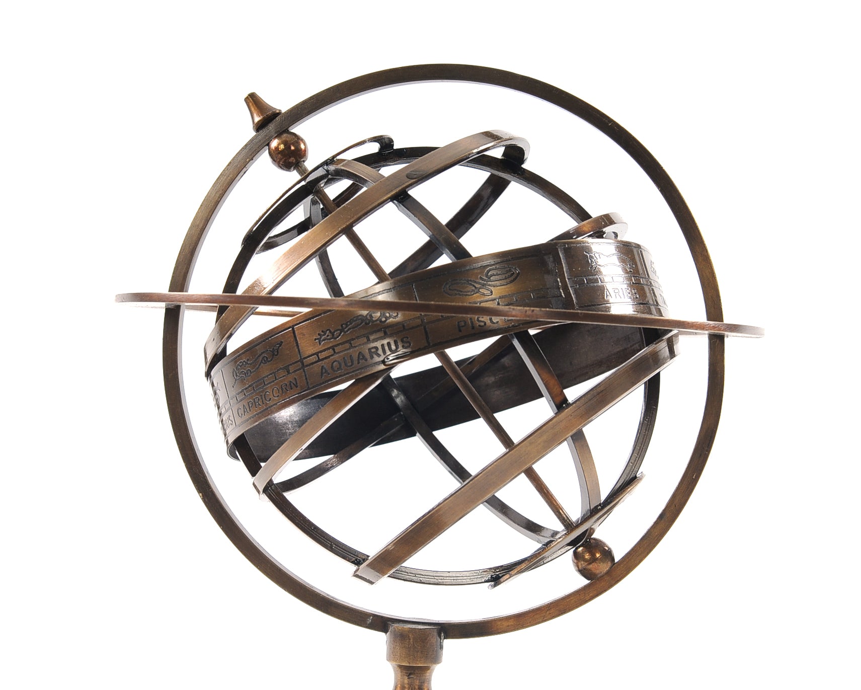 7" X 7" X 11" Brass Armillary With Compass On Wood Base