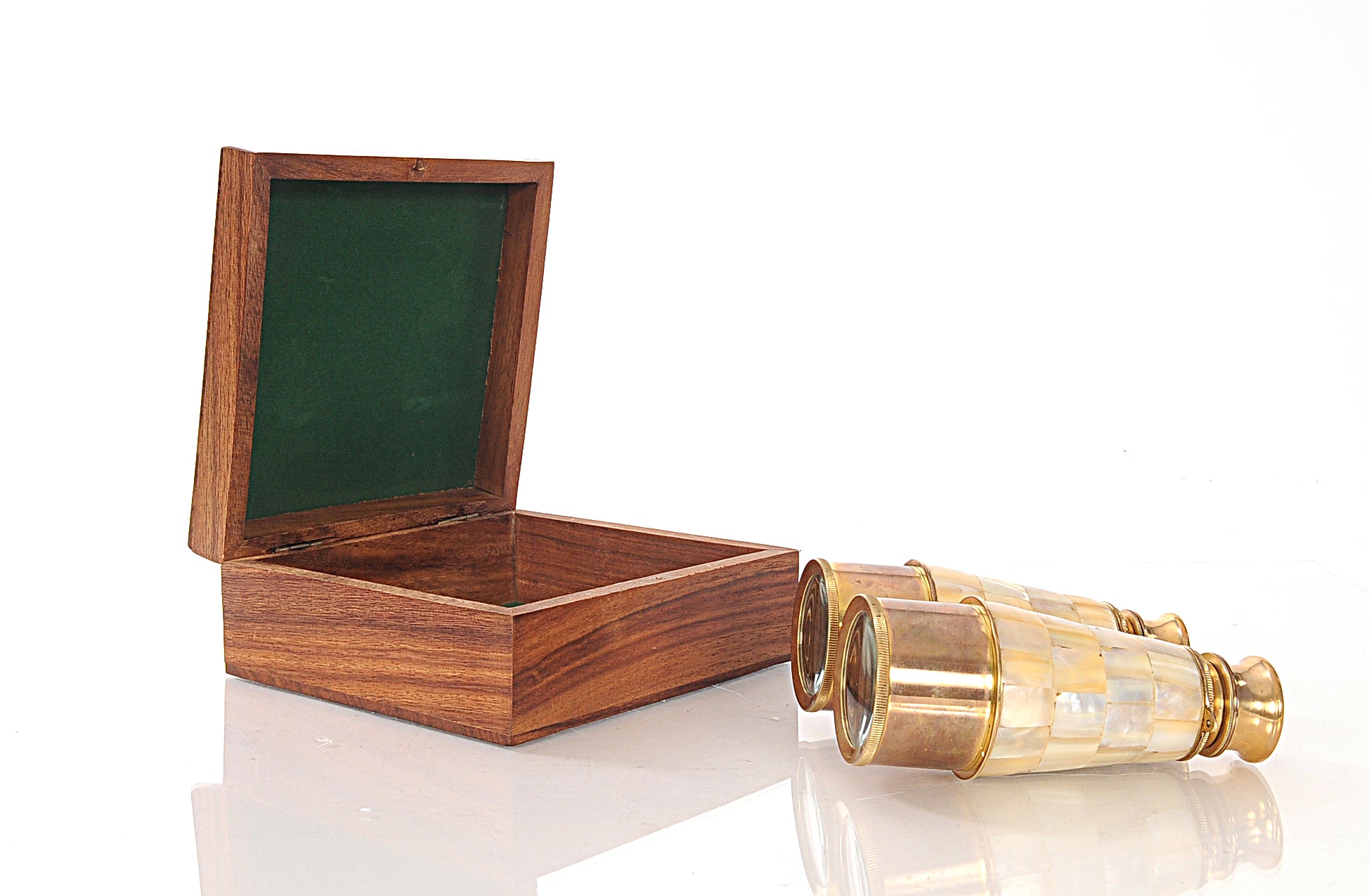 Elegant Brass And Mother Of Pearl Binoculars In Wooden Storage Box