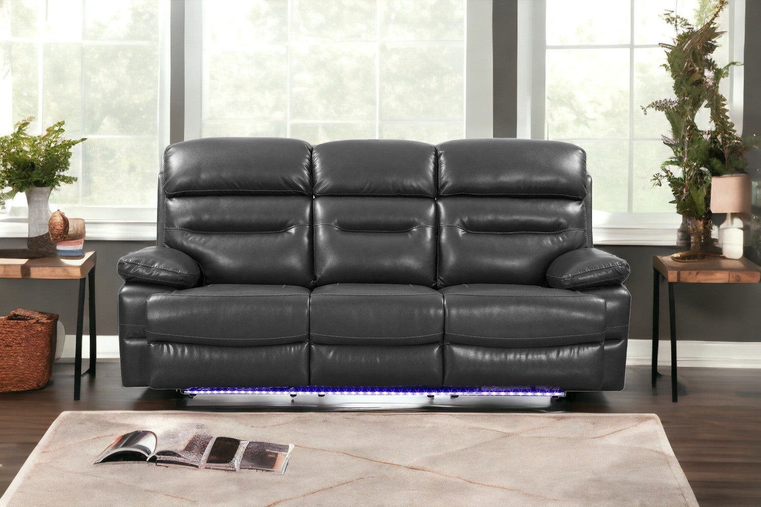 89" Gray And Black Faux Leather USB Sofa