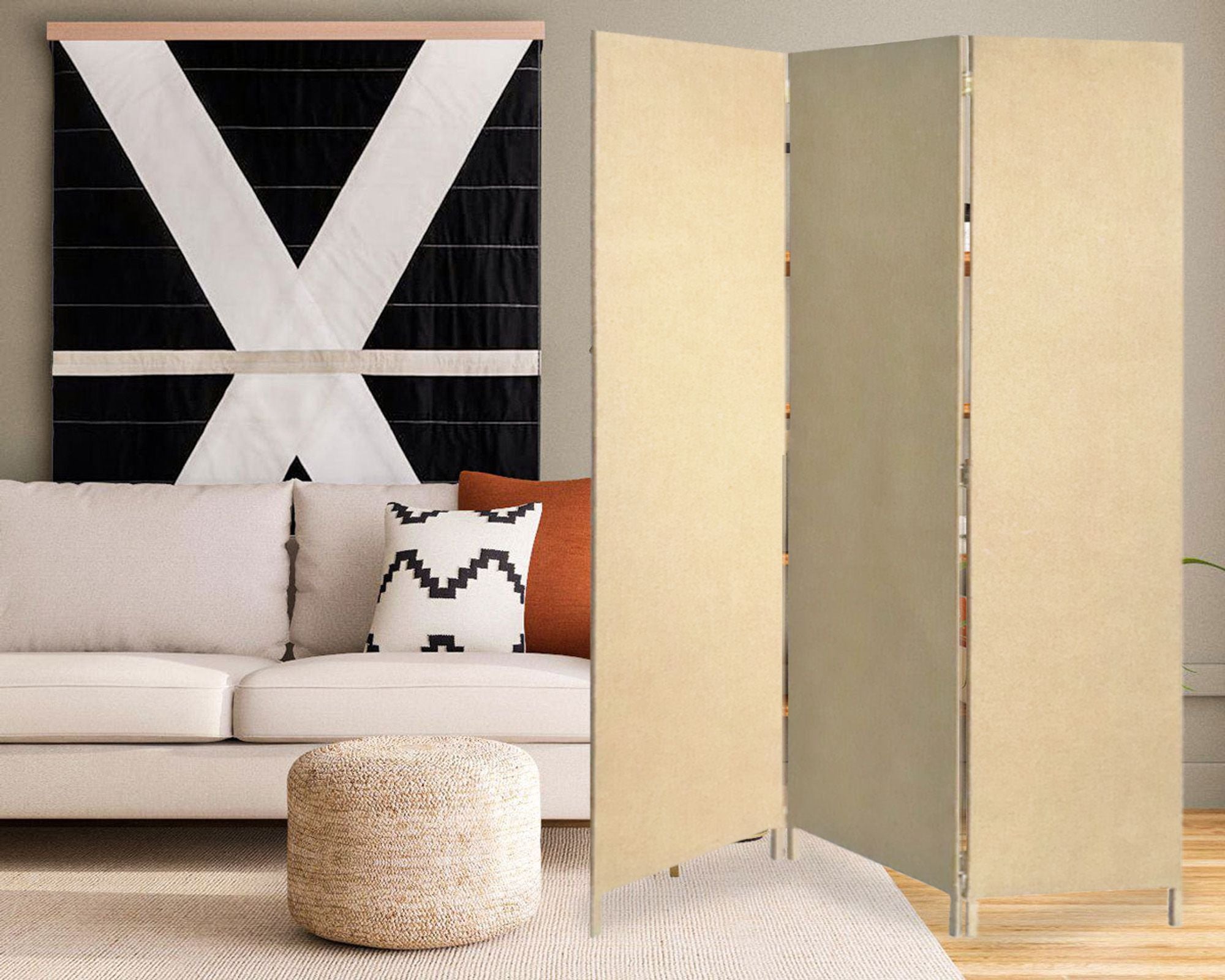 Brown Upholstered 3 Panel Room Divider Screen