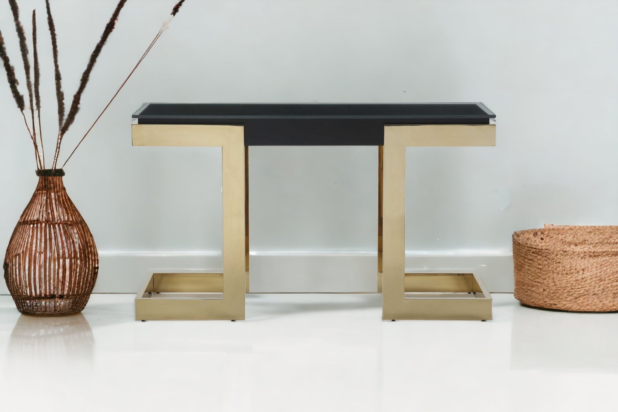 52" Black and Gold Glass Console Table