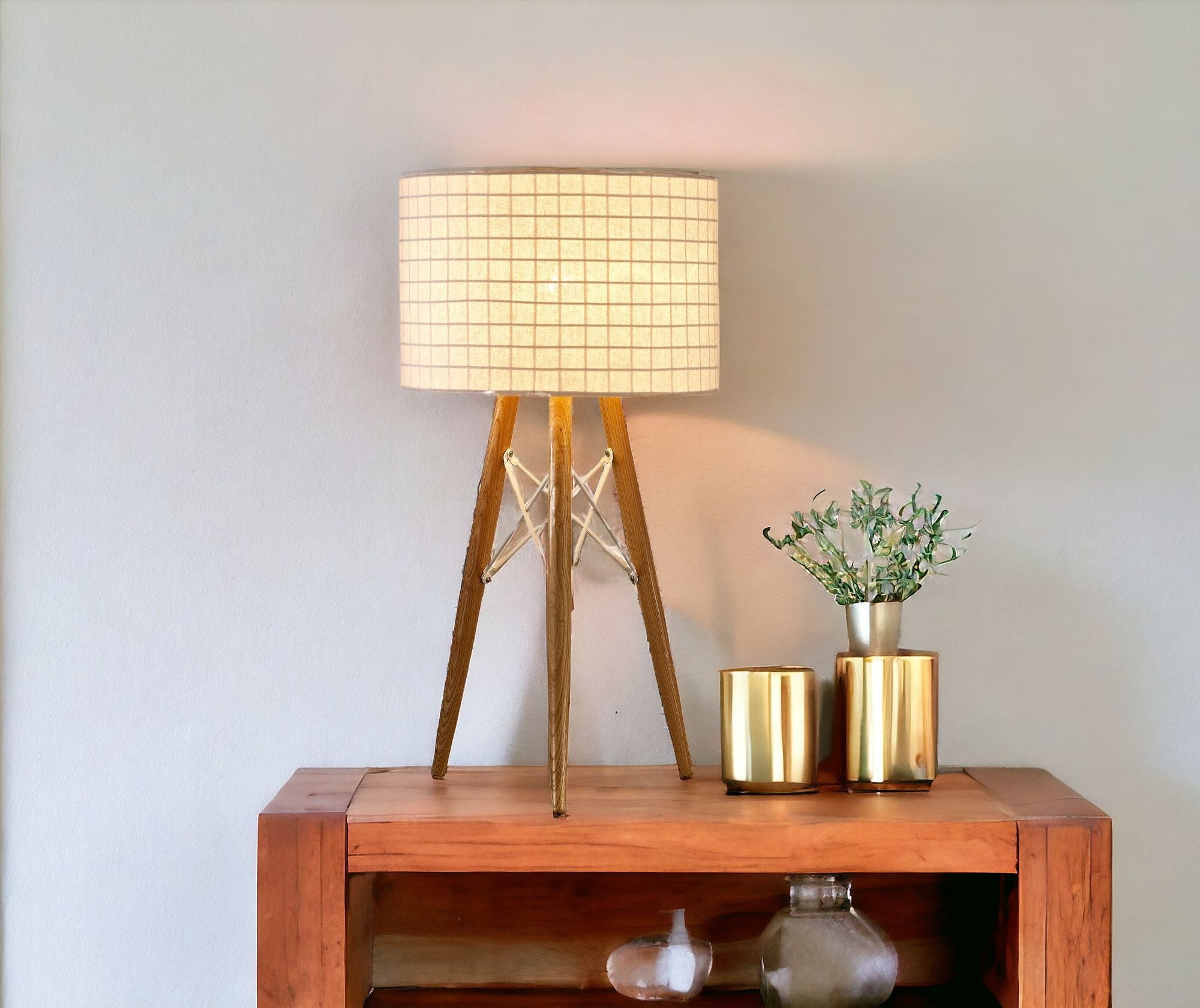 21" Brown Solid Wood Tripod Table Lamp With White Shade