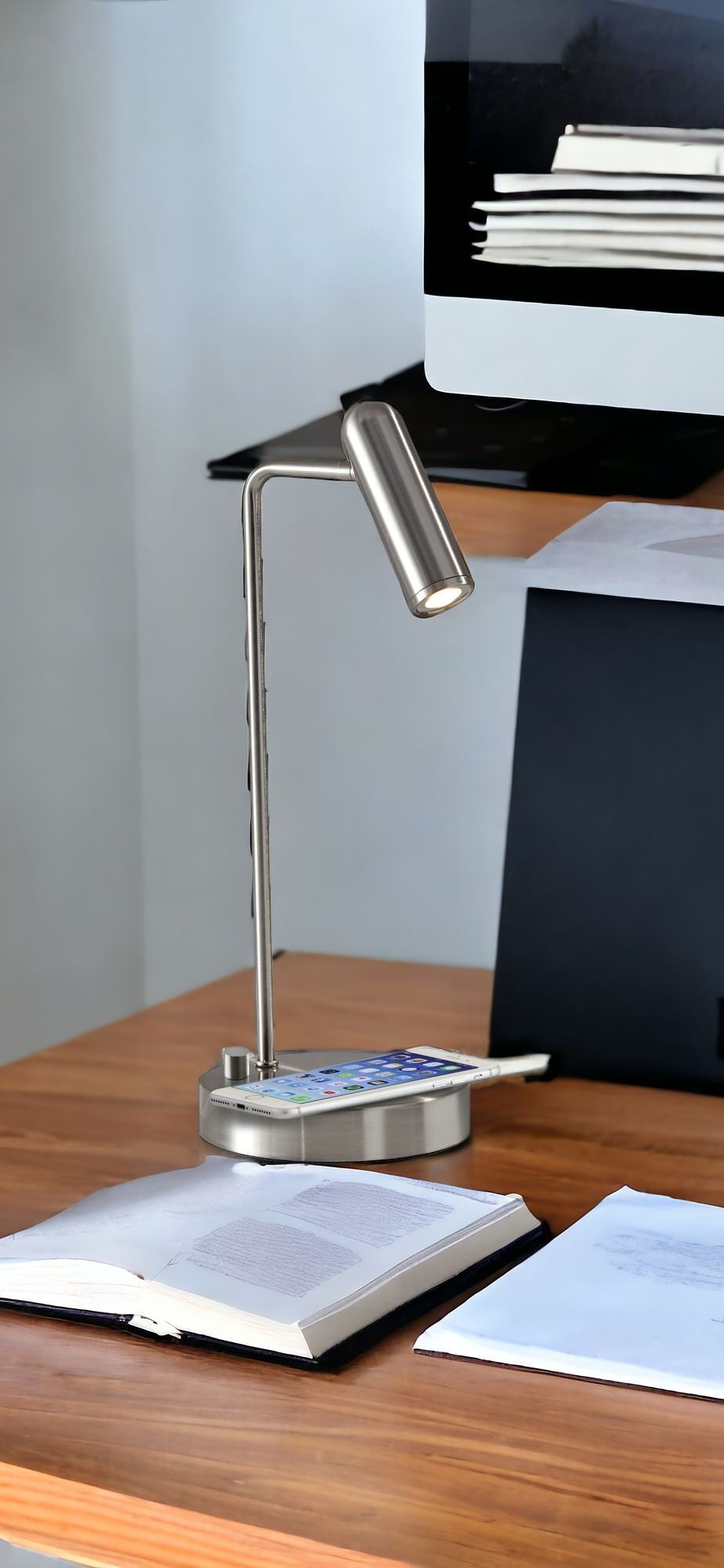 17" Brass Metal LED Desk Lamp With USB And Wireless Charging