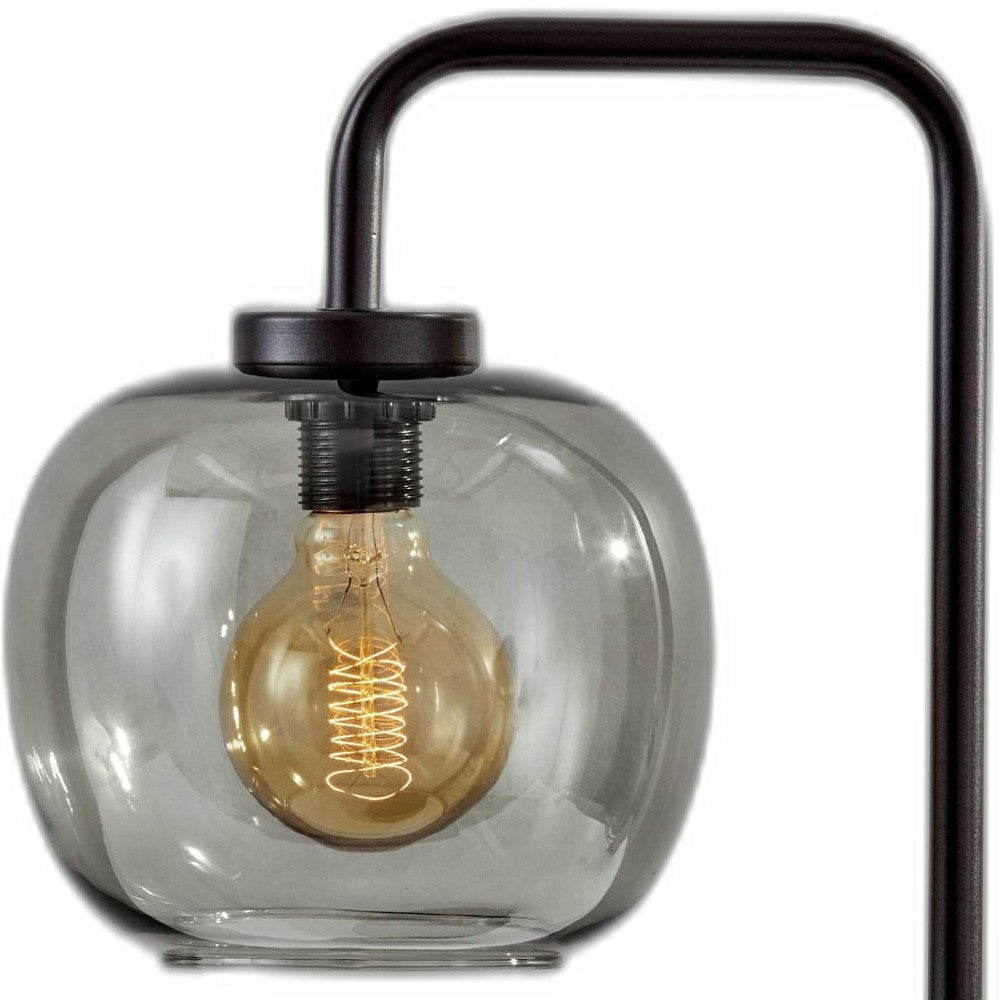 Smoked Glass Globe Shade With Vintage Edison Bulb And Matte Black Metal Arc Table Lamp