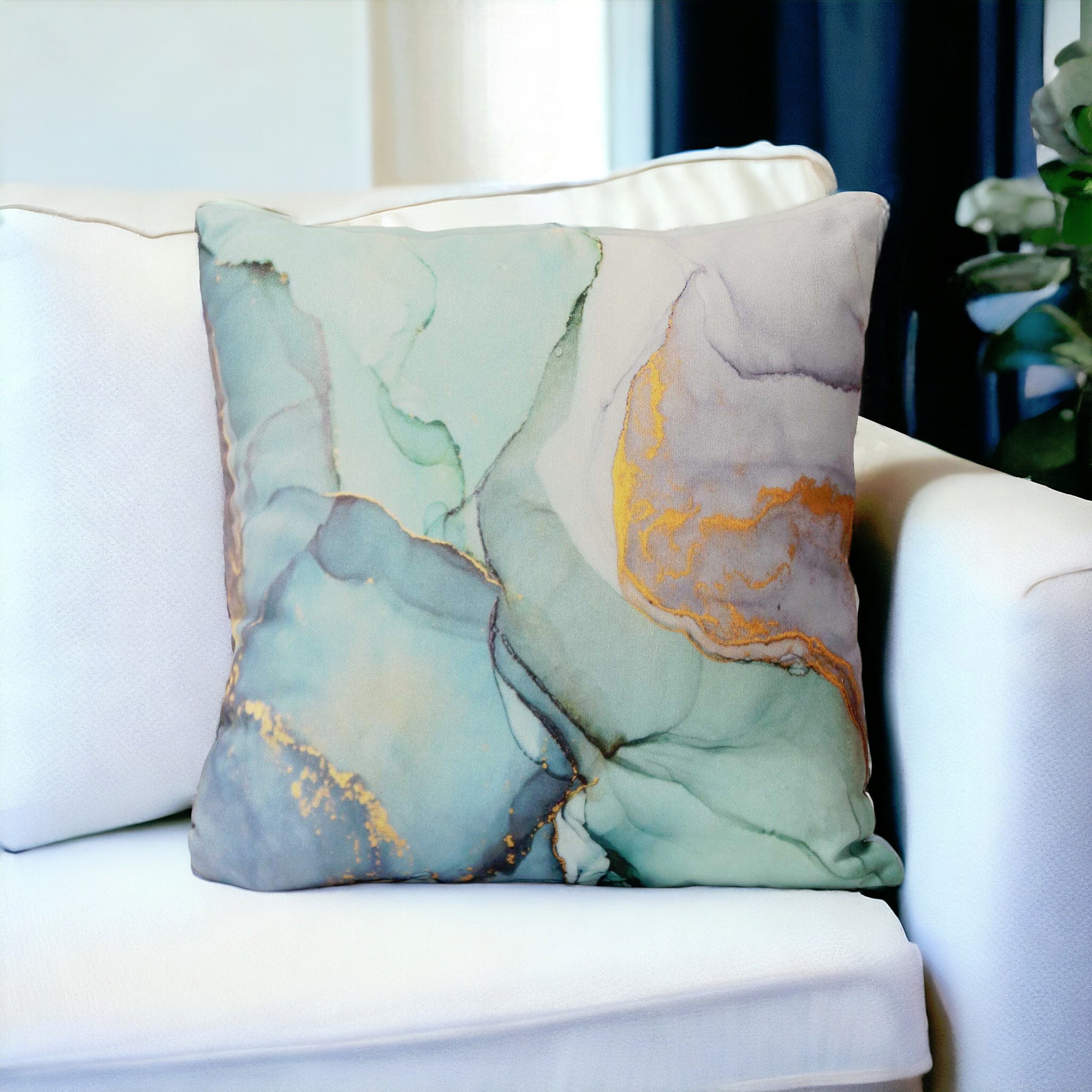 18" Blue and Green Marble Cotton Throw Pillow