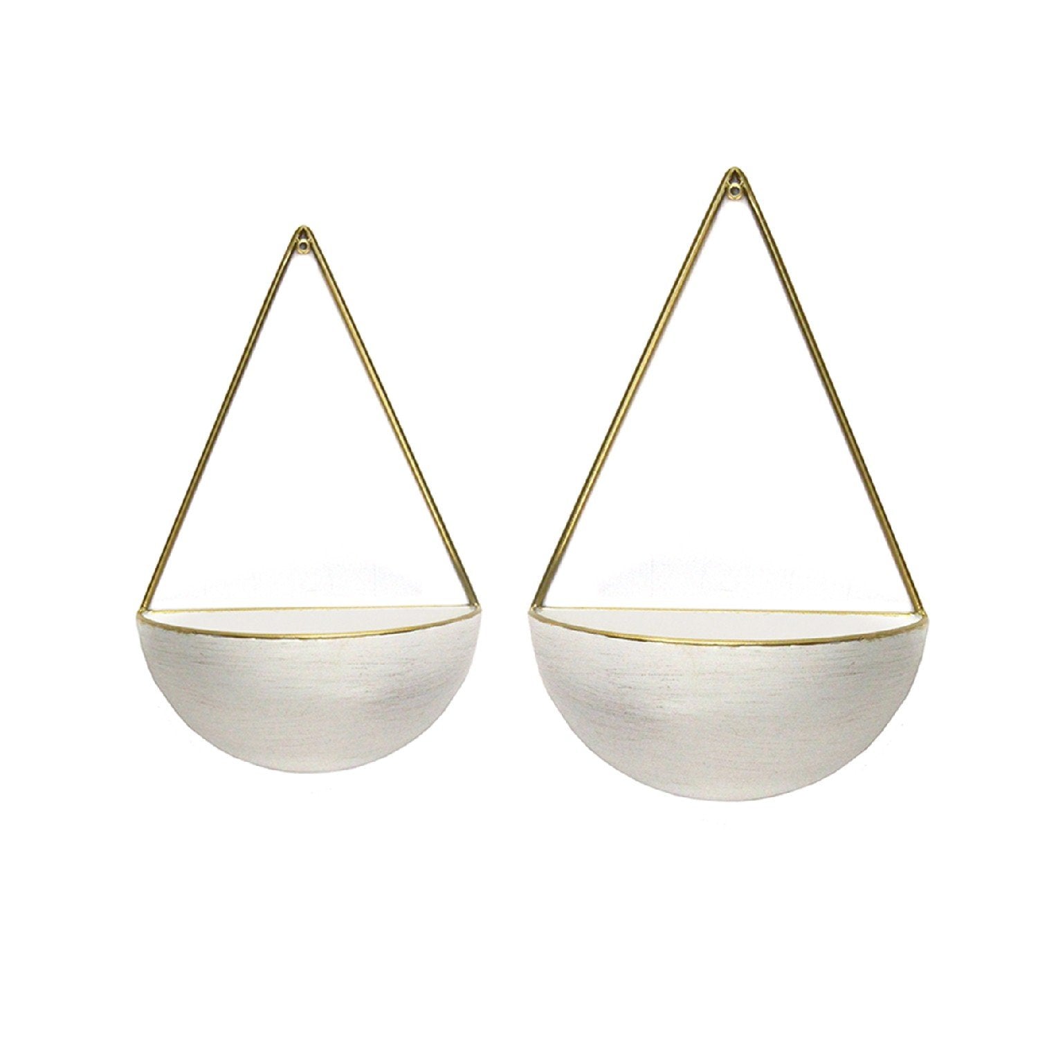 Set of Two Creamy White and Gold Round Metal Wall Planters