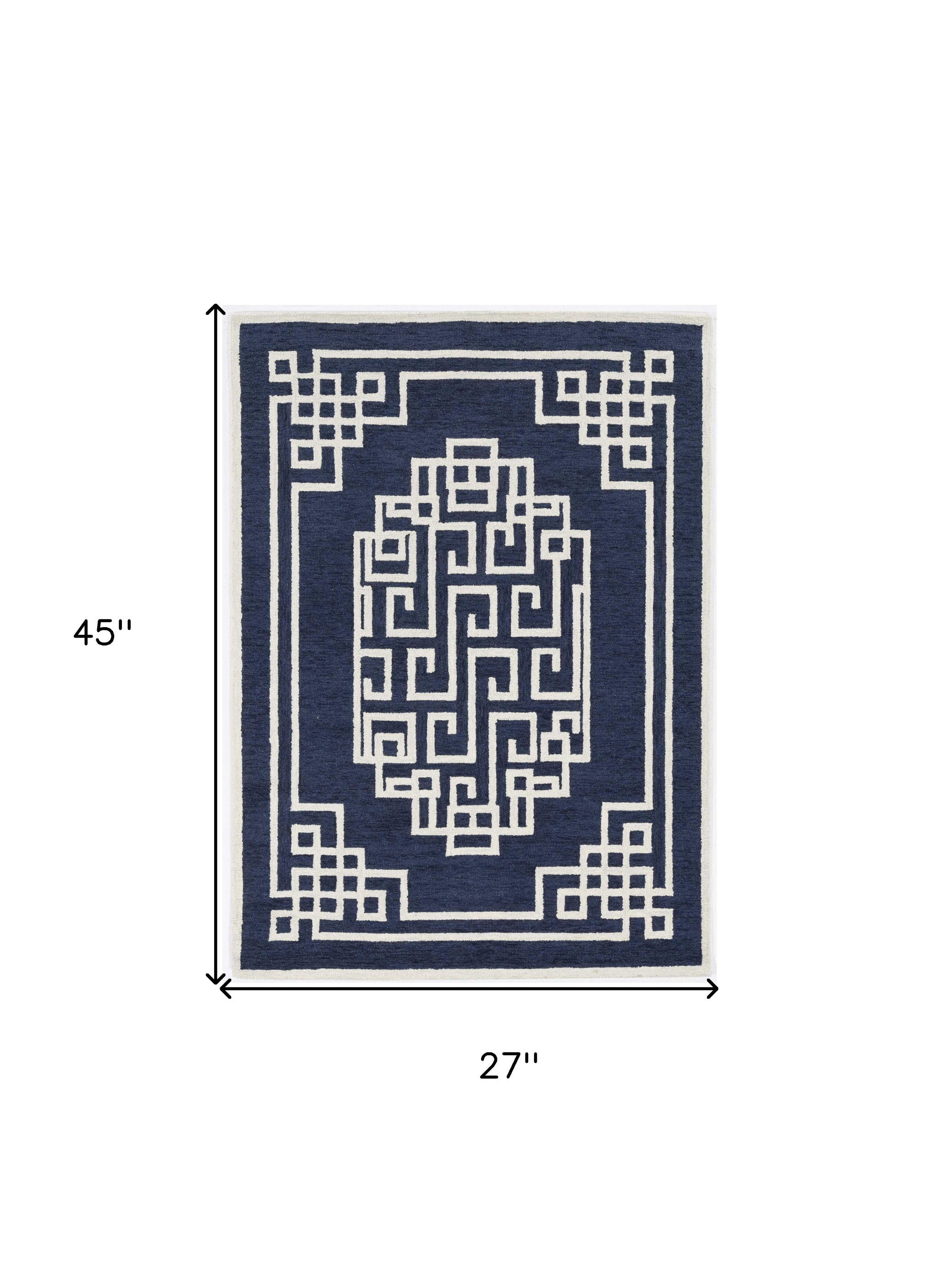 2'X4' Navy Blue Ivory Hand Tufted Greek Key Medallion Indoor Accent Rug