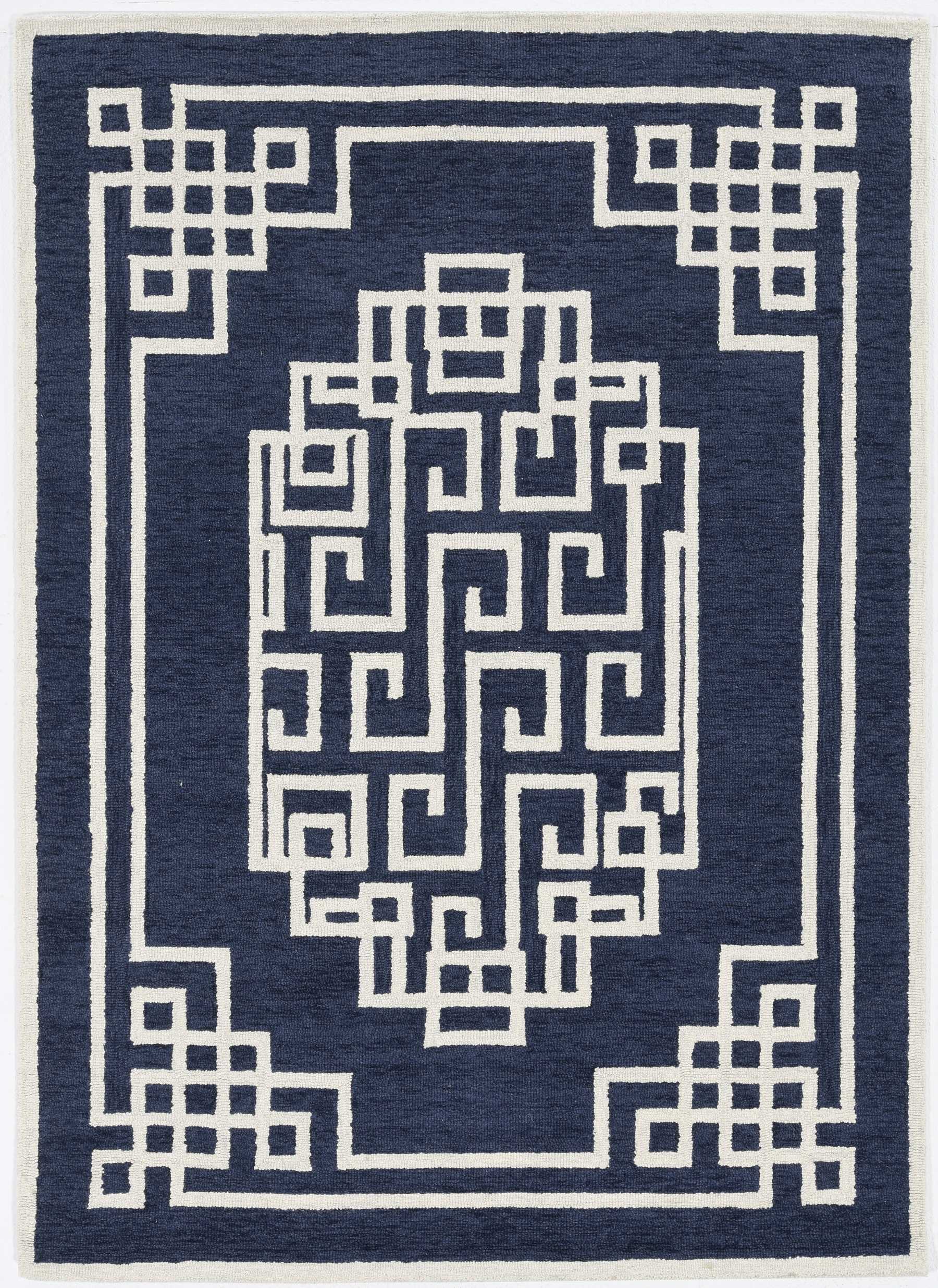 2'X4' Navy Blue Ivory Hand Tufted Greek Key Medallion Indoor Accent Rug