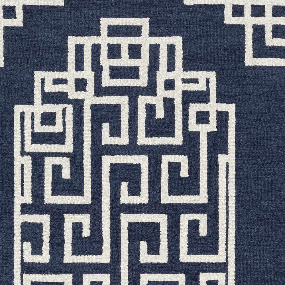 2'X4' Navy Blue Ivory Hand Tufted Greek Key Medallion Indoor Accent Rug