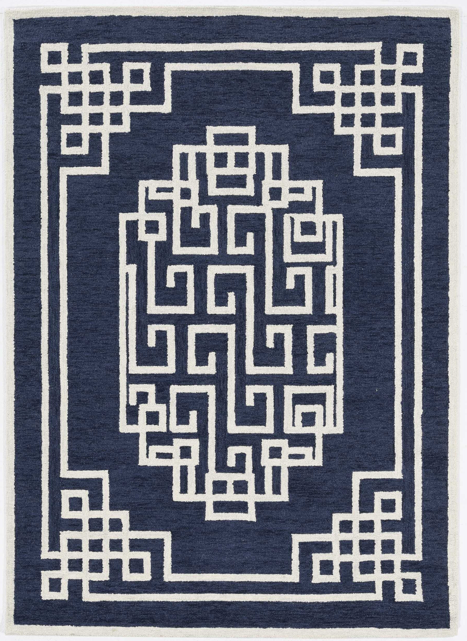 2'X4' Navy Blue Ivory Hand Tufted Greek Key Medallion Indoor Accent Rug