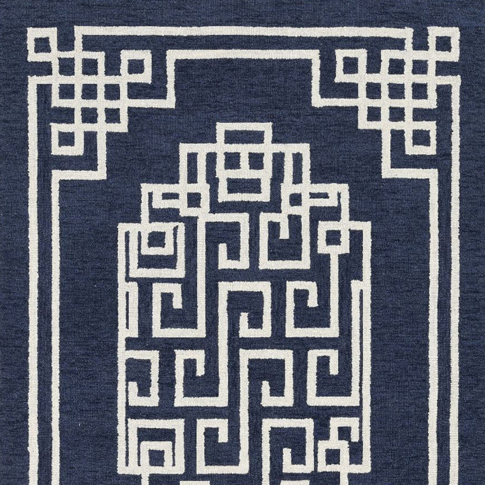 2'X4' Navy Blue Ivory Hand Tufted Greek Key Medallion Indoor Accent Rug