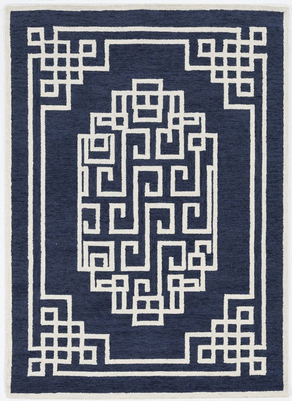 3'X5' Navy Blue Ivory Hand Tufted Greek Key Medallion Indoor Area Rug