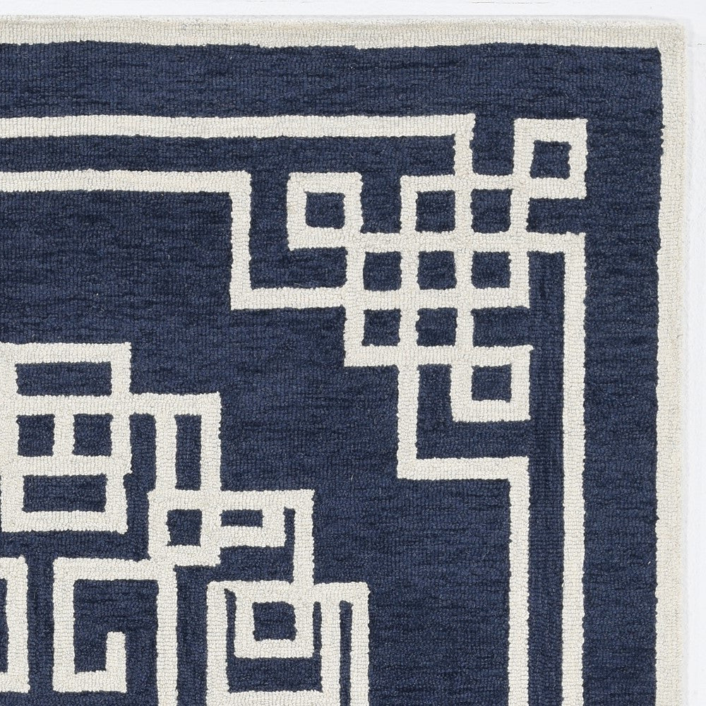 3'X5' Navy Blue Ivory Hand Tufted Greek Key Medallion Indoor Area Rug