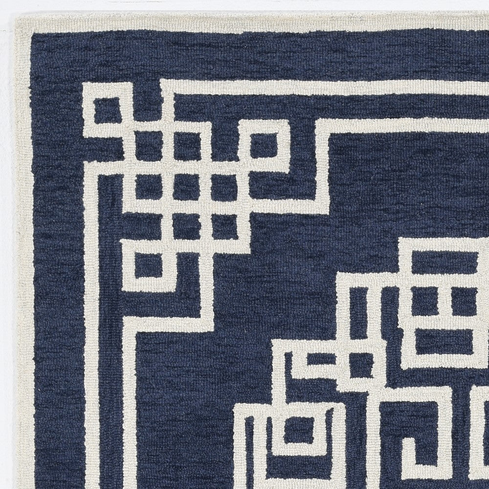 3'X5' Navy Blue Ivory Hand Tufted Greek Key Medallion Indoor Area Rug