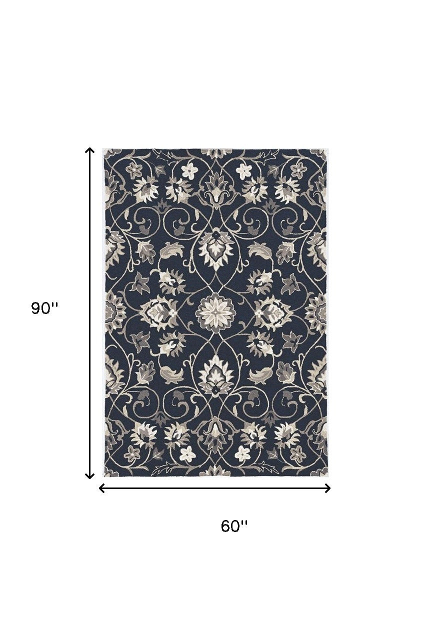 5' X 7' Navy Floral Vines Indoor Outdoor Area Rug