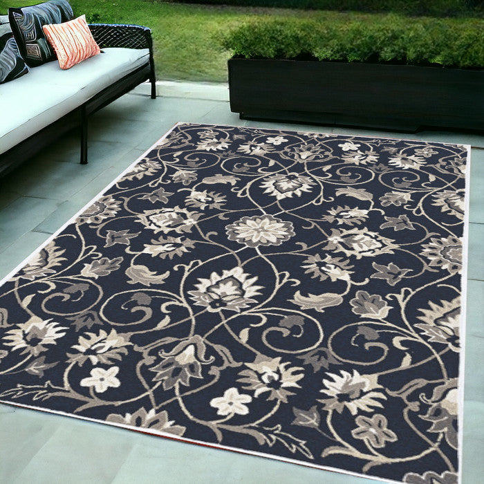 5' X 7' Navy Floral Vines Indoor Outdoor Area Rug