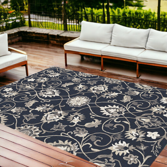 5' X 7' Navy Floral Vines Indoor Outdoor Area Rug