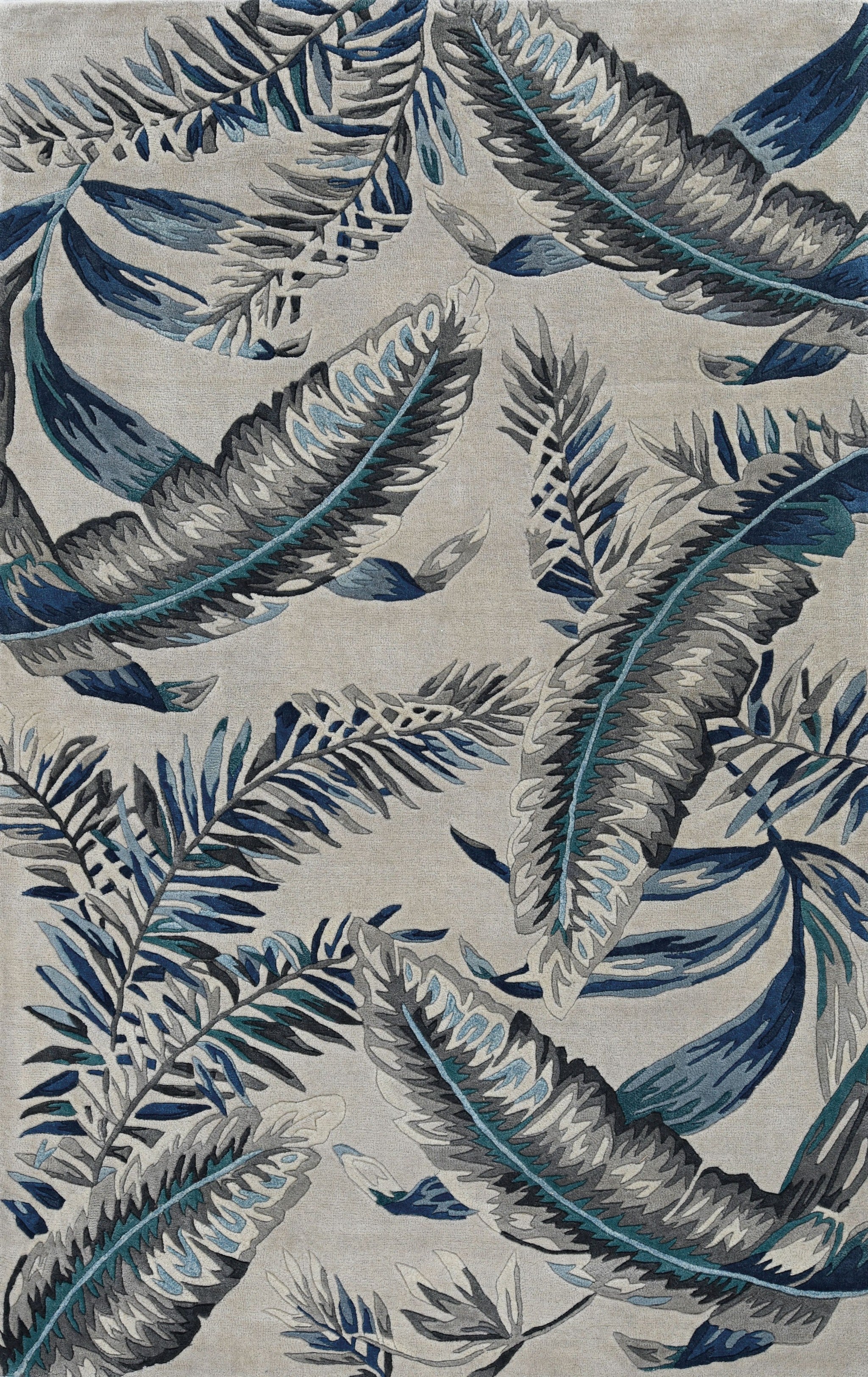 8' Grey Blue Hand Tufted Tropical Leaves Indoor Runner Rug