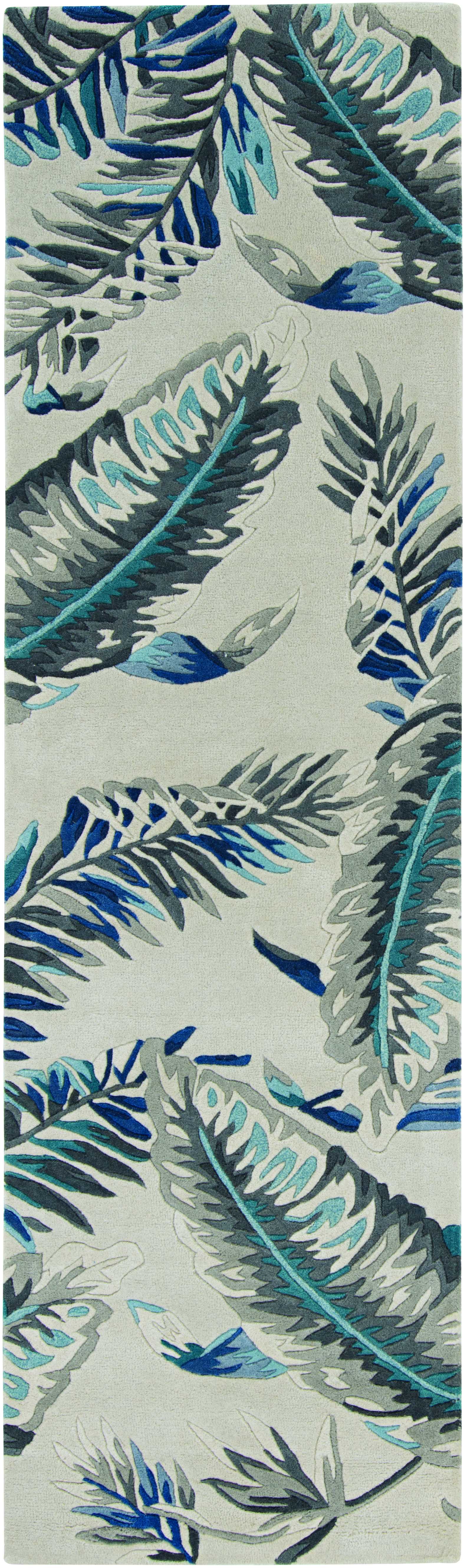 8' Grey Blue Hand Tufted Tropical Leaves Indoor Runner Rug